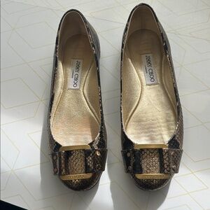 Jimmy Choo Brown Snakeskin Flats with Gold Details